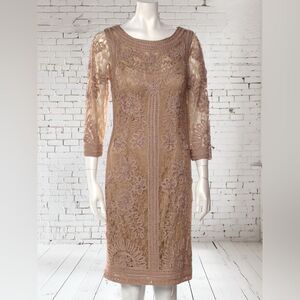 Sue Wong 3/4 Sleeve Tan Embroidered Dress